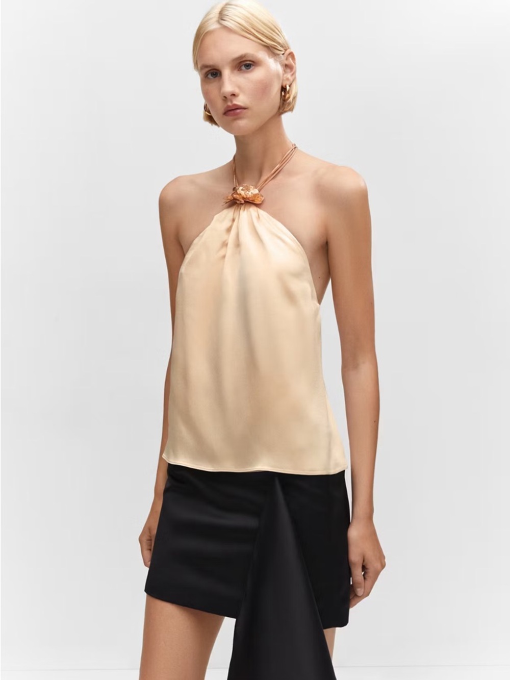Mango Cream Satin Halter Camisole with Knotted Neck Detail